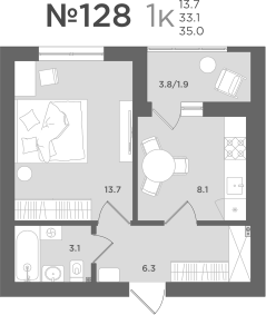 1-комнатная 33 м2 в ЖК МС18 корпус null этаж 5