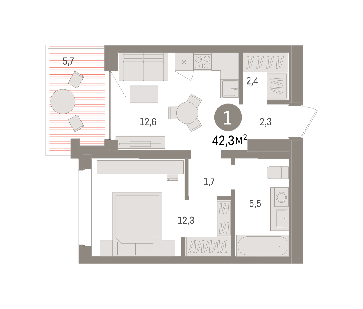 1-комнатная 42 м2 в ЖК Европейский квартал корпус null этаж 7