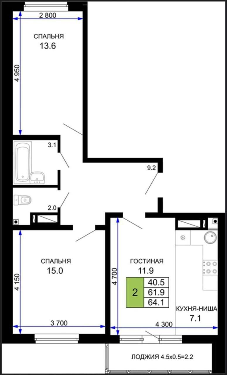 2-комнатная 64.1 м2 в ЖК undefined корпус null этаж 19