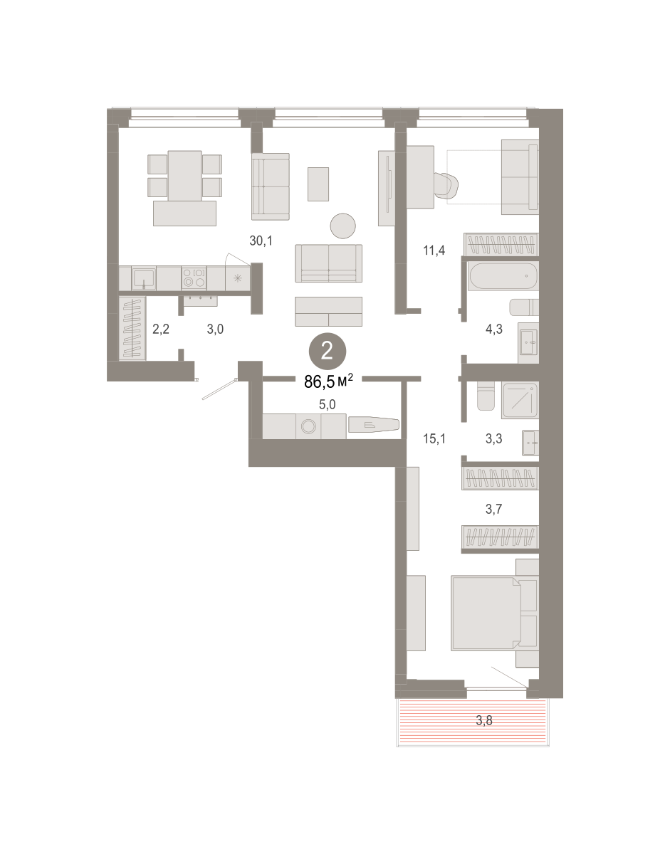 2-комнатная 86 м2 в ЖК Квартал Нефть корпус null этаж 9