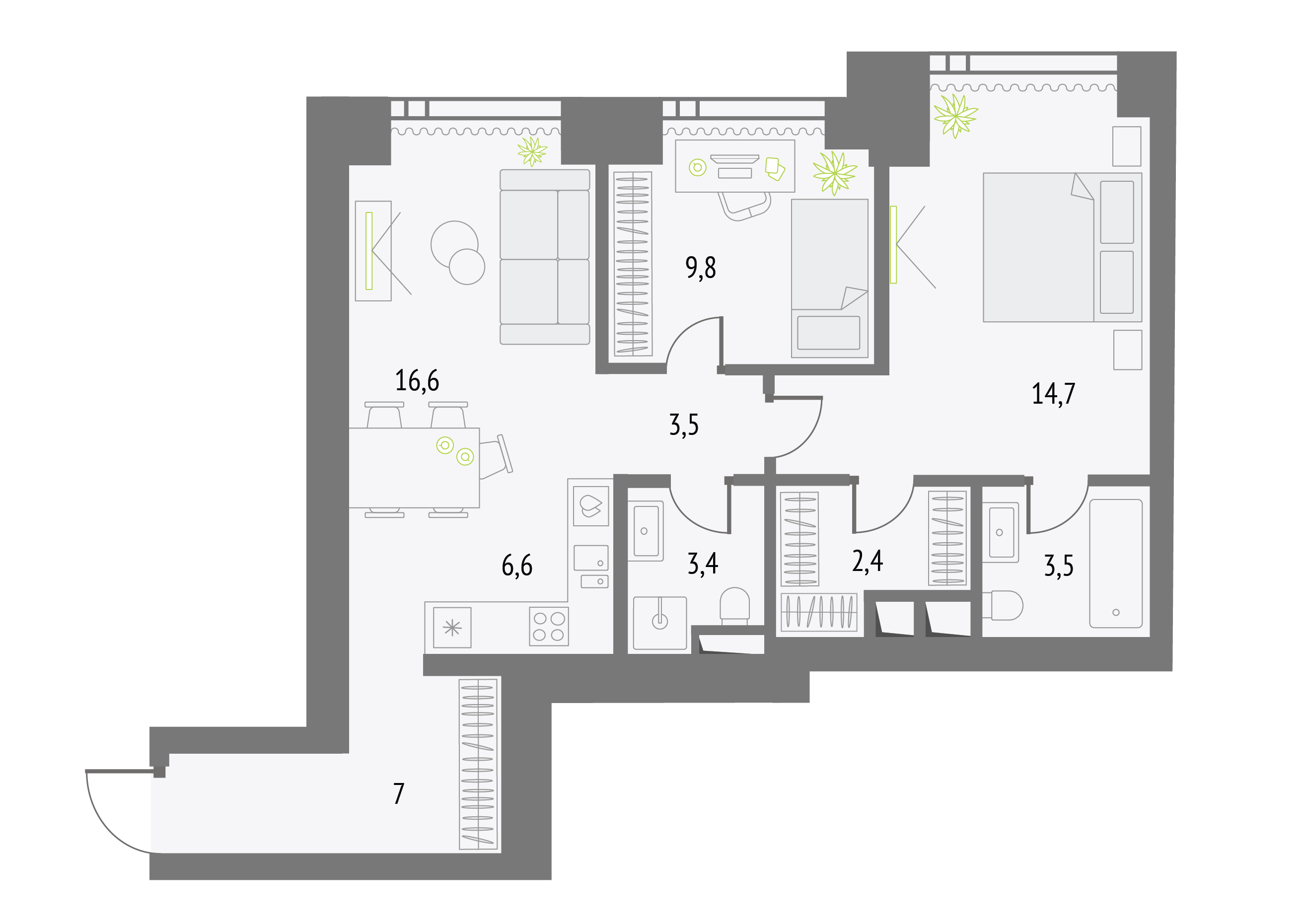 2-комнатная 67 м2 в ЖК Upside Towers корпус null этаж 12