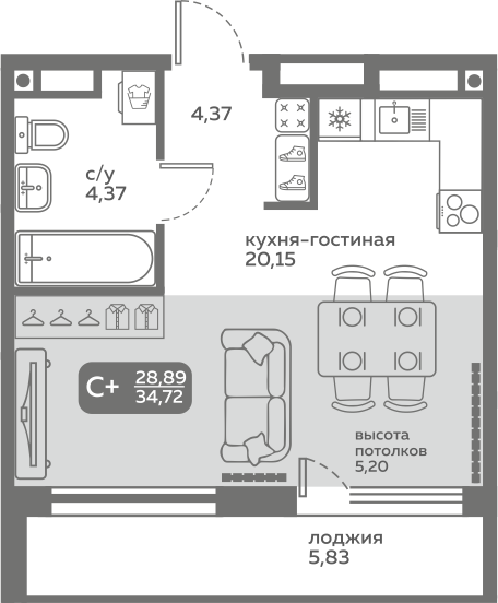 2-комнатная 52 м2 в ЖК Меридиан Слобода корпус null этаж 15