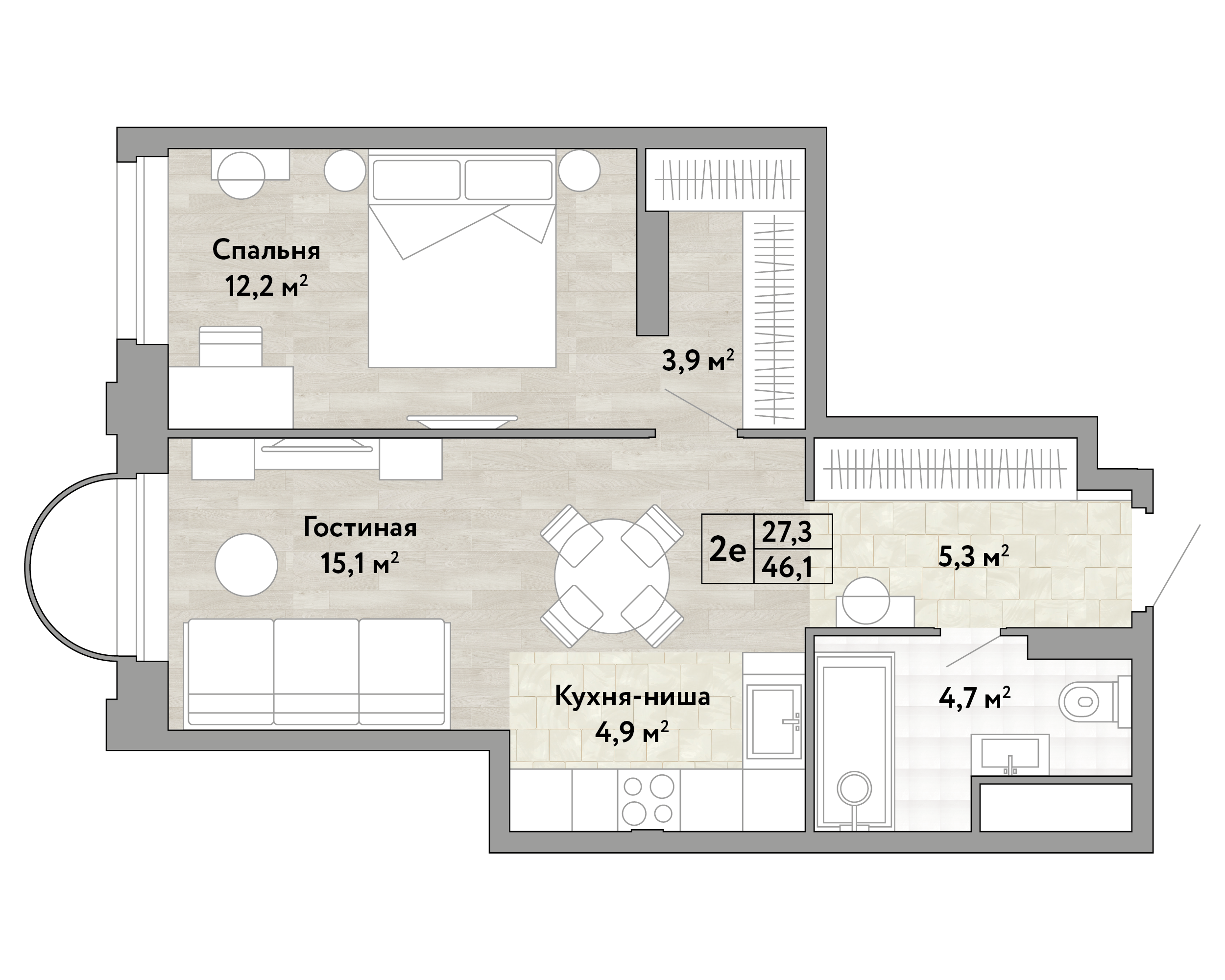 1-комнатная 46 м2 в ЖК Новые Смыслы корпус null этаж 8