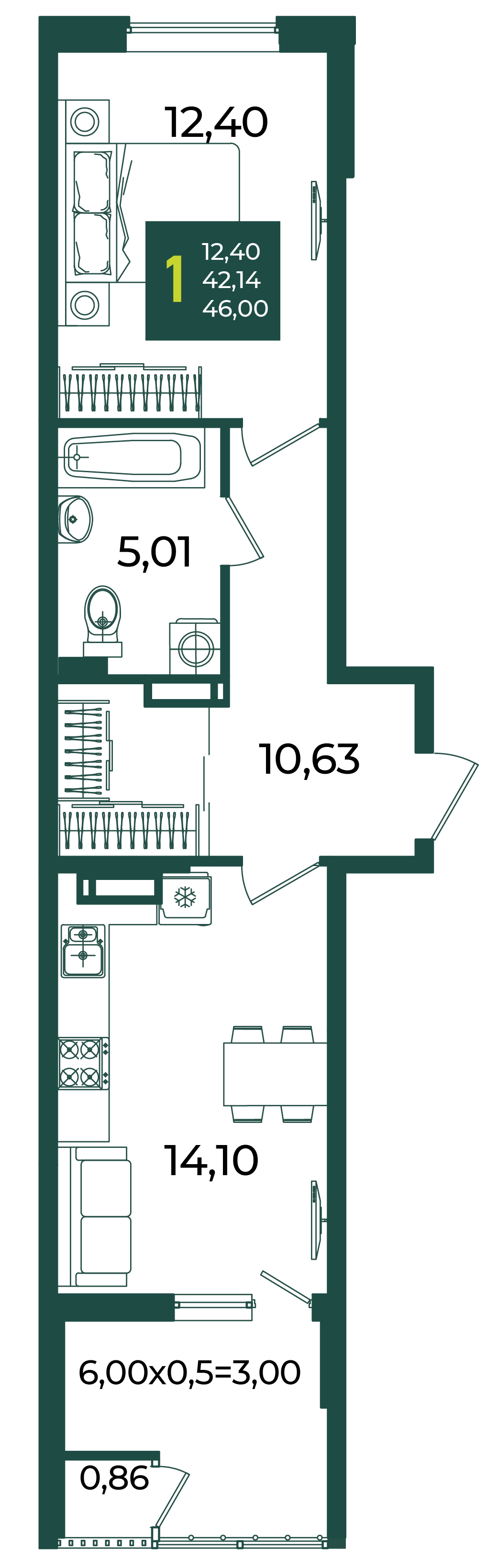 1-комнатная 46 м2 в ЖК Образцово корпус null этаж 17