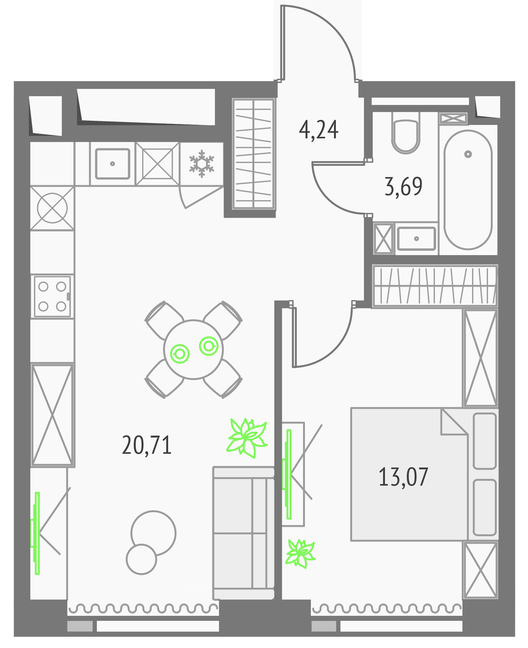 1-комнатная 41 м2 в ЖК Upside Towers корпус null этаж 15