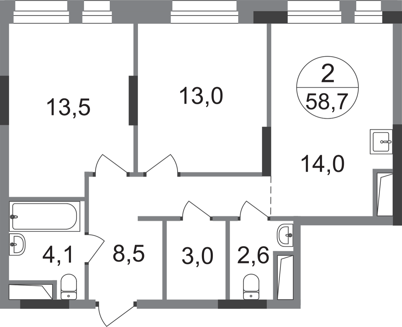 2-комнатная 58 м2 в ЖК Первый Московский корпус null этаж 6