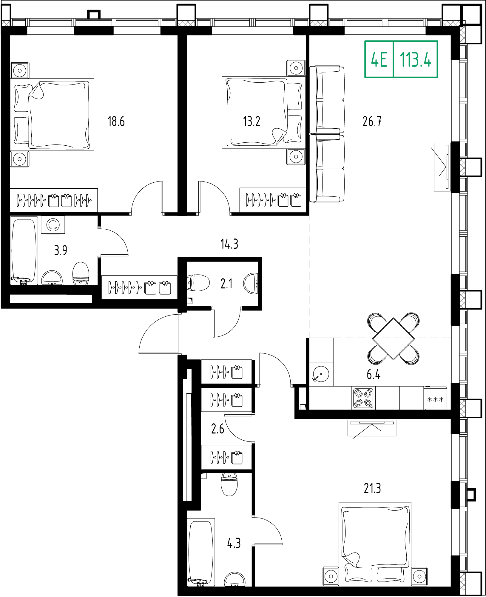 4-комнатная 113 м2 в ЖК Skolkovo One корпус null этаж 9