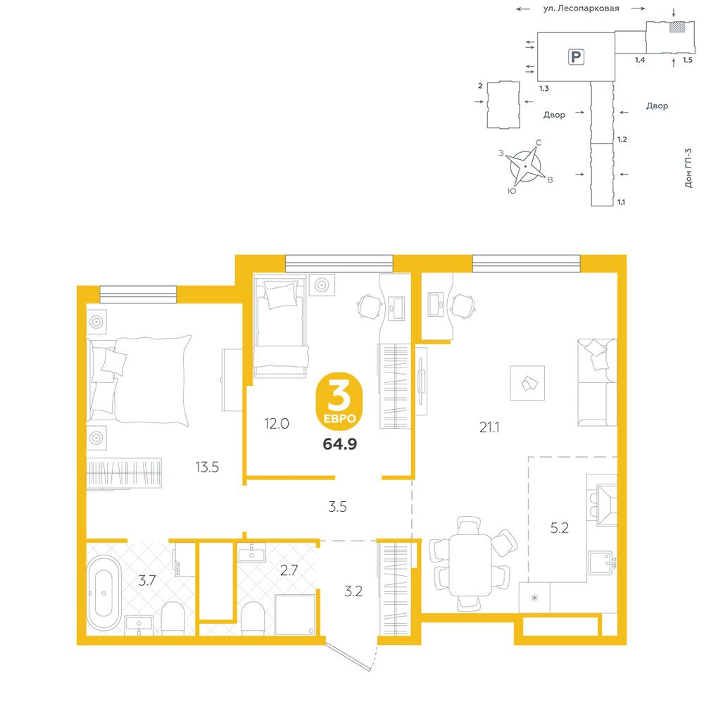 Студия 64 м2 в ЖК Чистые пруды корпус null этаж 7