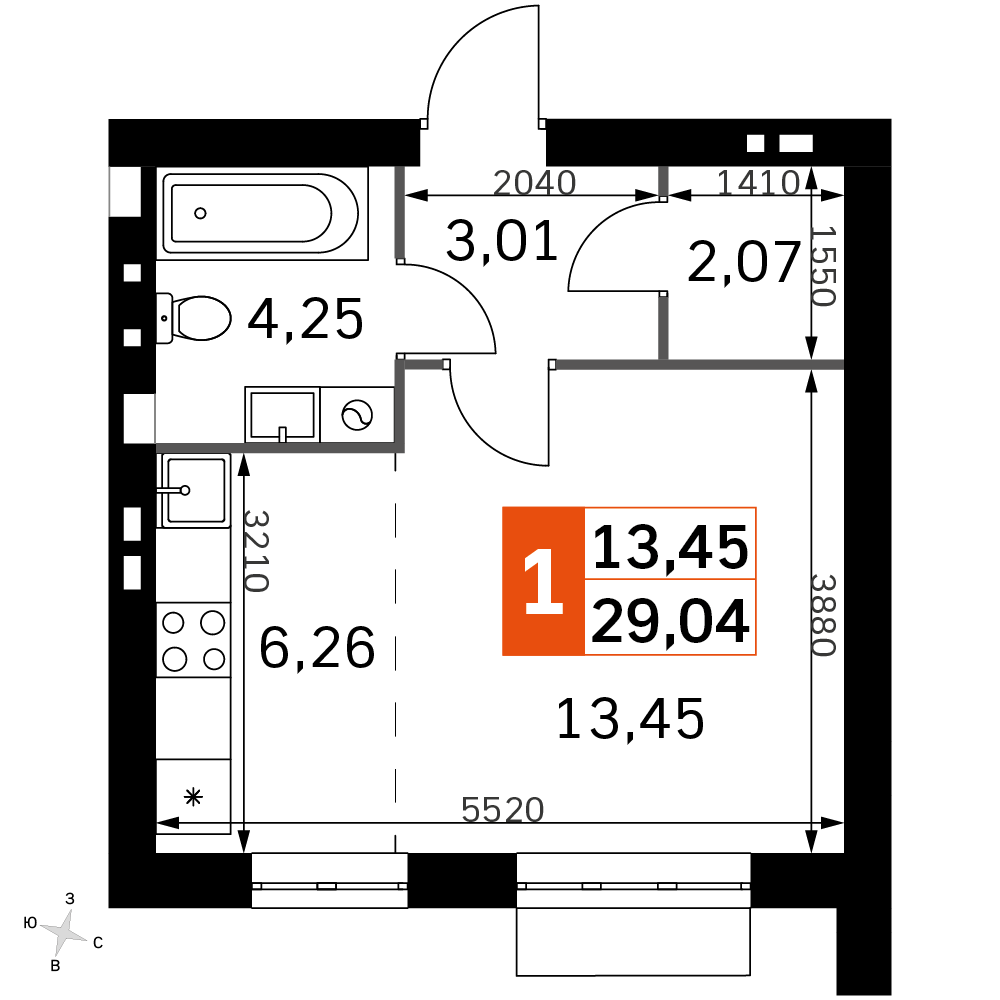 Студия 29 м2 в ЖК Жаворонки Клаб корпус null этаж 3