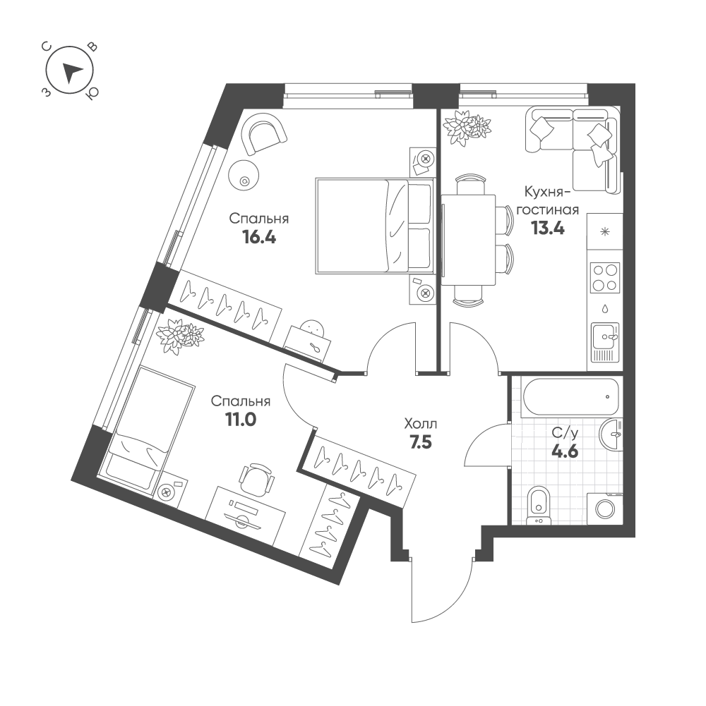 2-комнатная 52 м2 в ЖК Шагал корпус null этаж 9