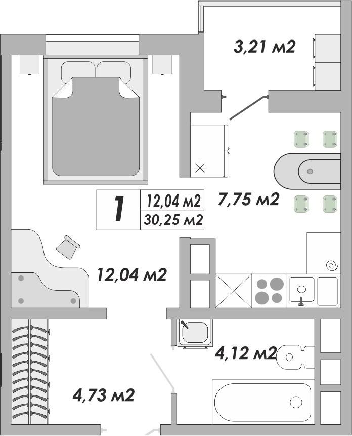 1-комнатная 30.2 м2 в ЖК undefined корпус null этаж 12