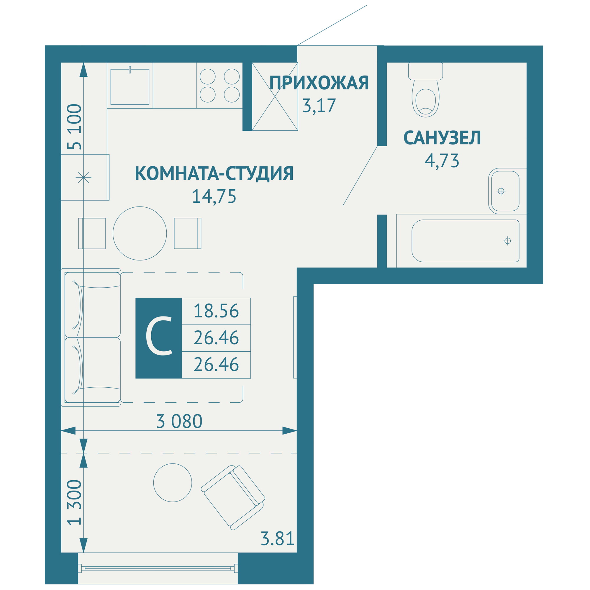 Студия 27 м2 в ЖК ИНАЧЕ в Молодежном корпус null этаж 8
