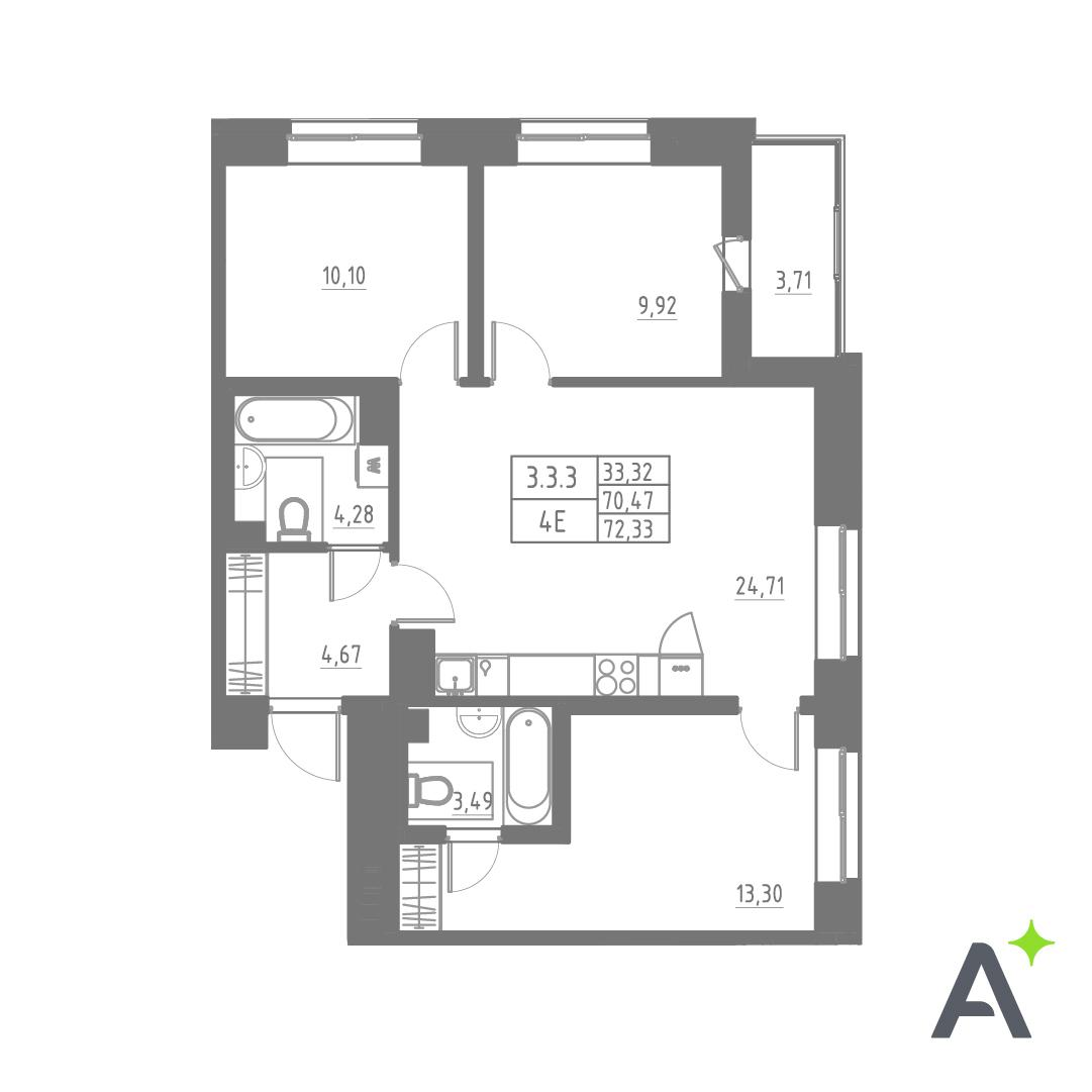 Студия 72 м2 в ЖК Аквилон Солар корпус null этаж 3