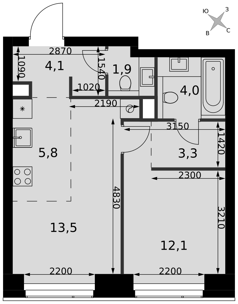 2-комнатная 44 м2 в ЖК Амбер Сити корпус null этаж 13