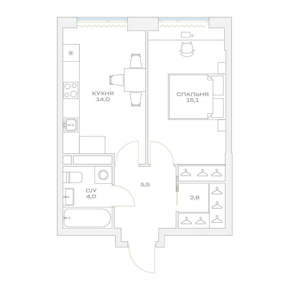 1-комнатная 41 м2 в ЖК Детали корпус null этаж 13