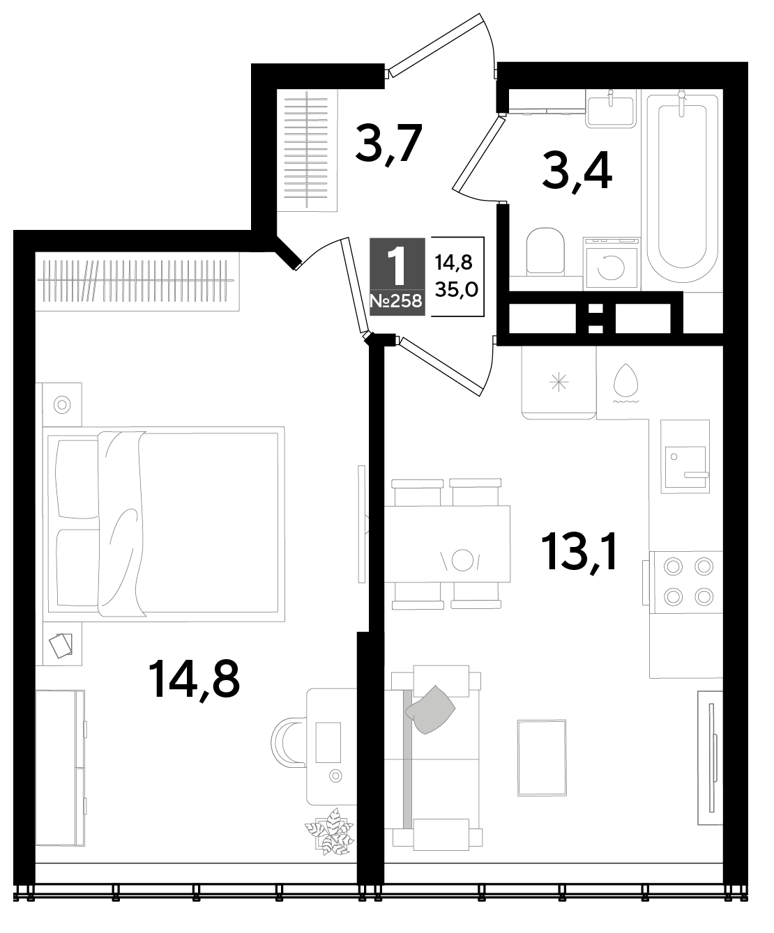 1-комнатная 35 м2 в ЖК Dogma Park корпус null этаж 15