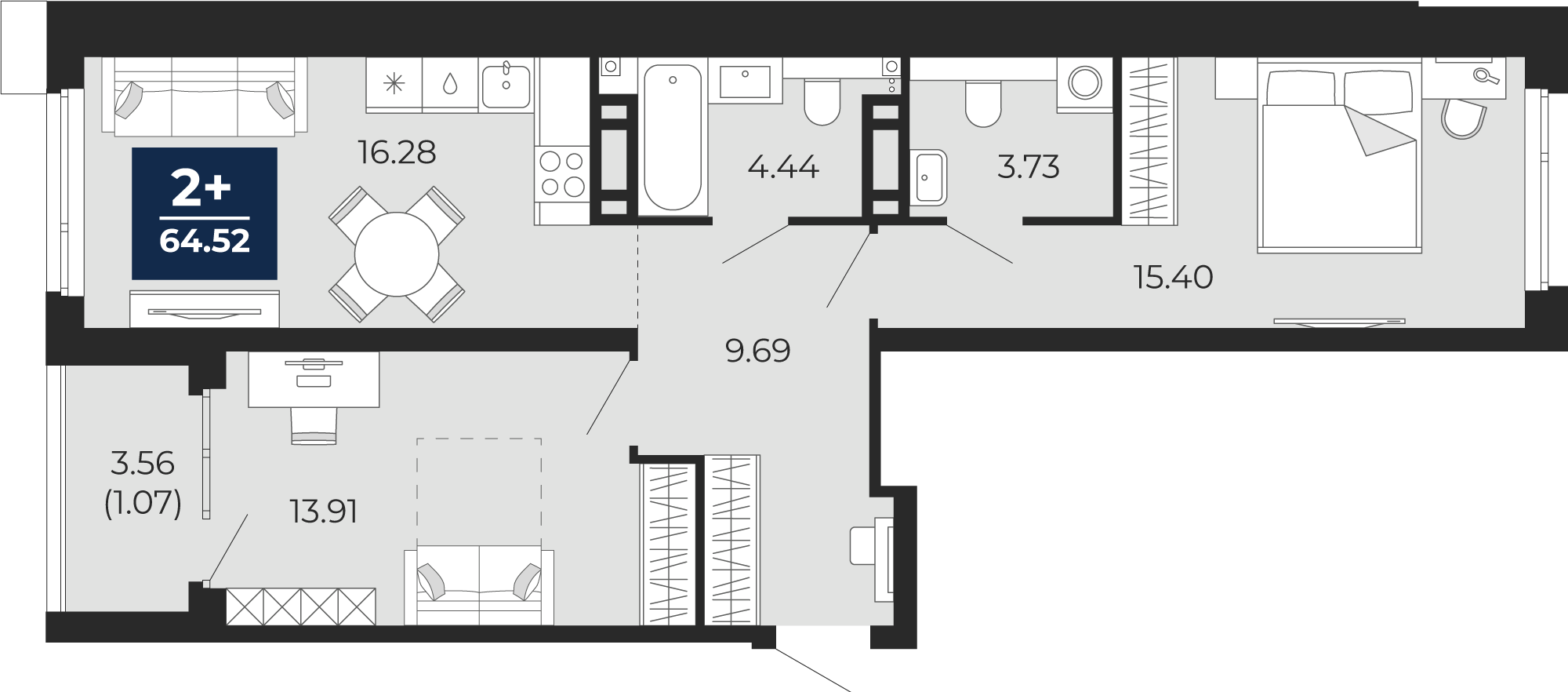 2-комнатная 63 м2 в ЖК Прео корпус null этаж 14