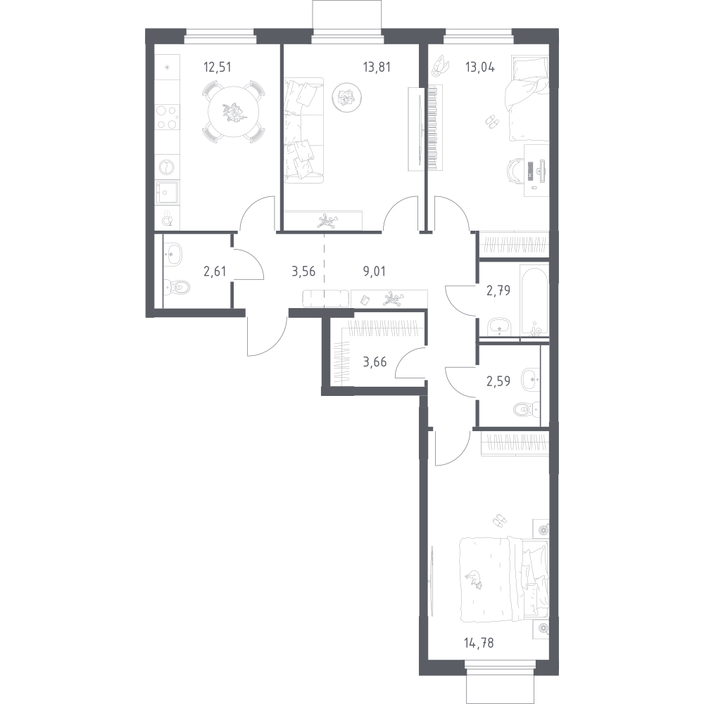 3-комнатная 78 м2 в ЖК Мытищи Парк корпус null этаж 3