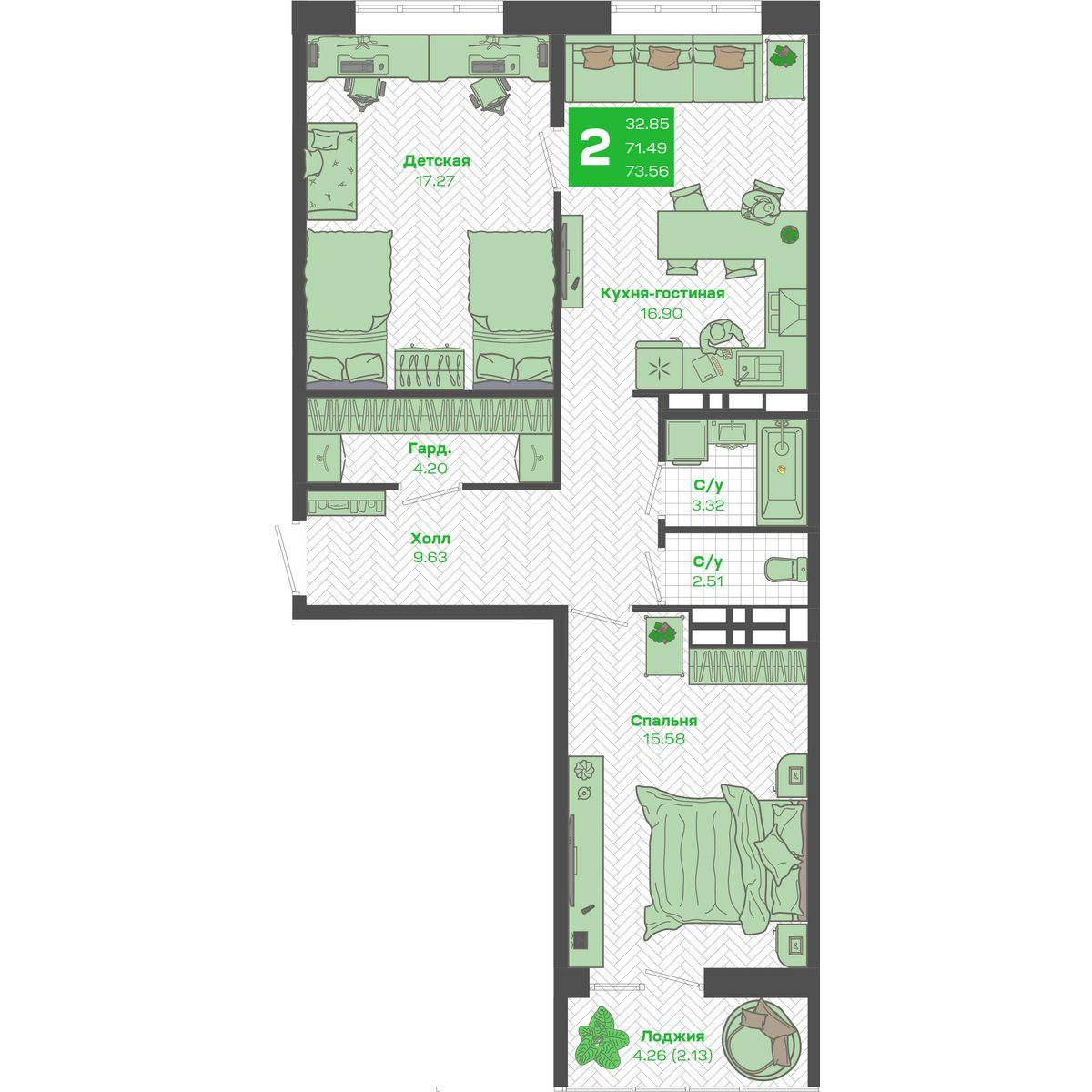 2-комнатная 71 м2 в ЖК Зелёный Бульвар 2 корпус null этаж 15