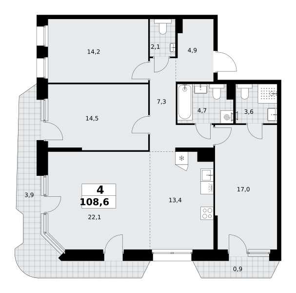 4-комнатная 108 м2 в ЖК Прокшино корпус null этаж 3