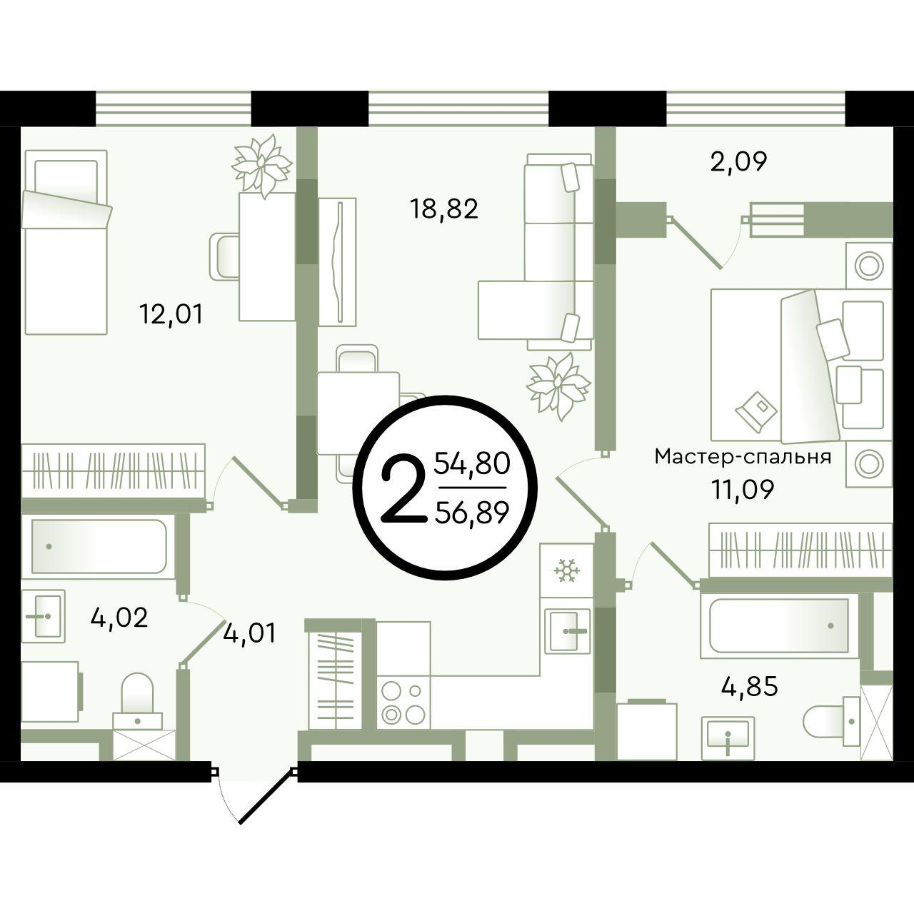 2-комнатная 56 м2 в ЖК Зеленые Аллеи корпус null этаж 3
