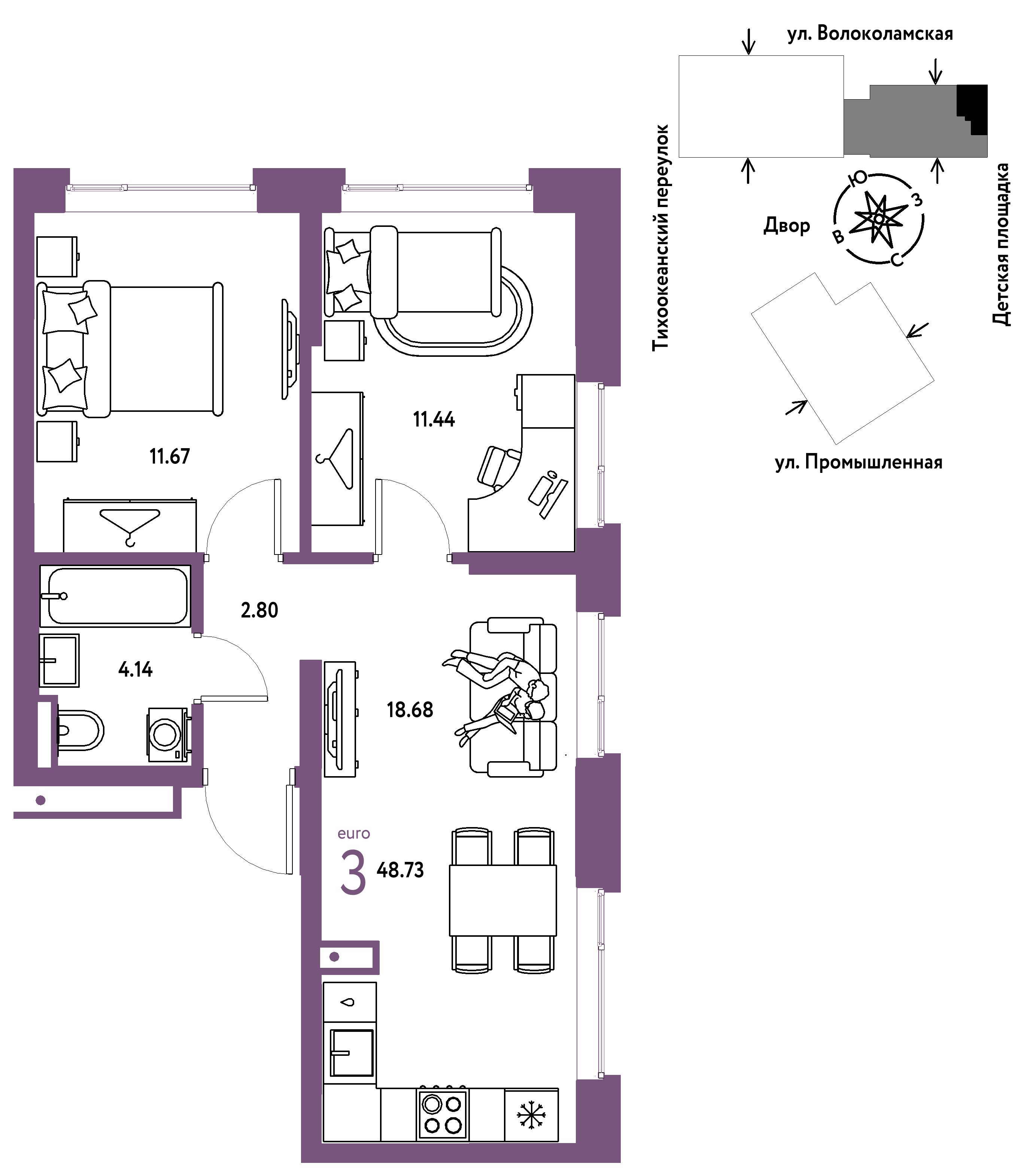 3-комнатная 48 м2 в ЖК Страна.Прибрежная корпус null этаж 2