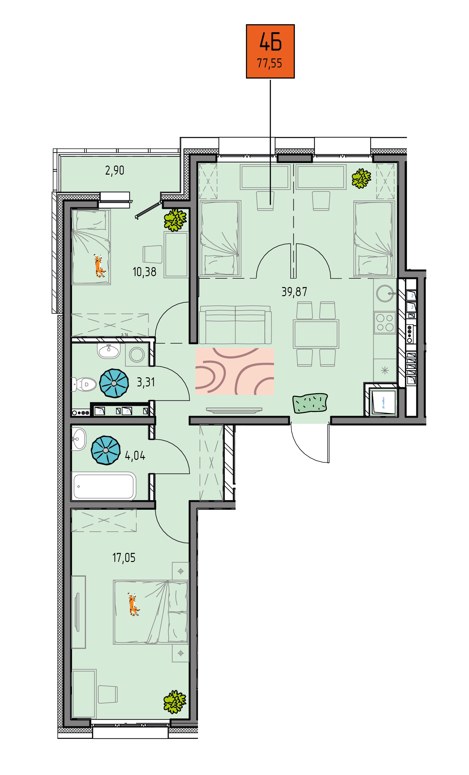 4-комнатная 77 м2 в ЖК Лотос корпус null этаж 4