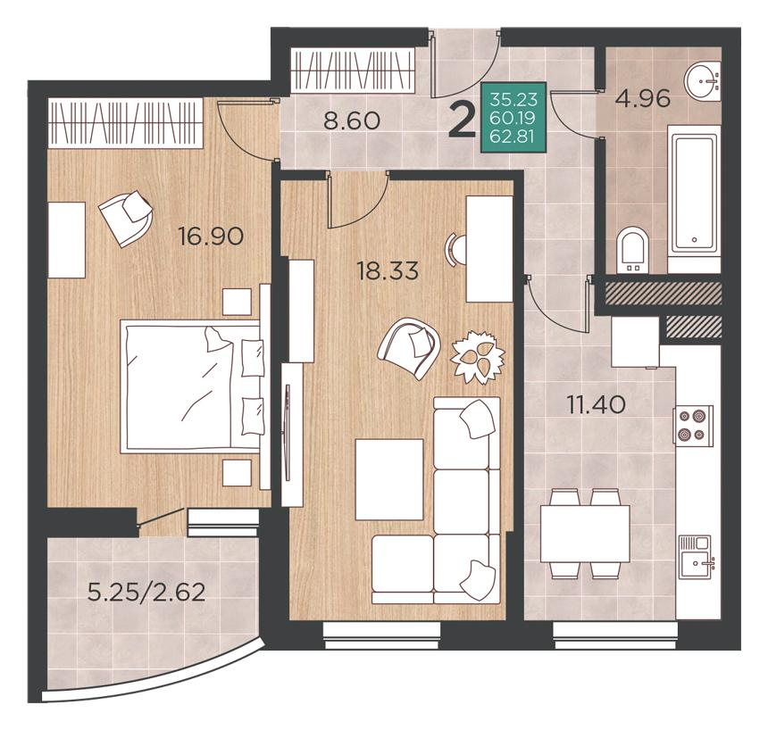 2-комнатная 62 м2 в ЖК Россинский парк корпус null этаж 9