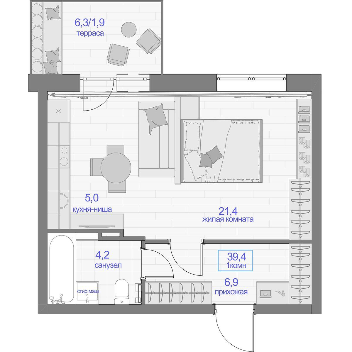 1-комнатная 39 м2 в ЖК Перемены корпус null этаж 1