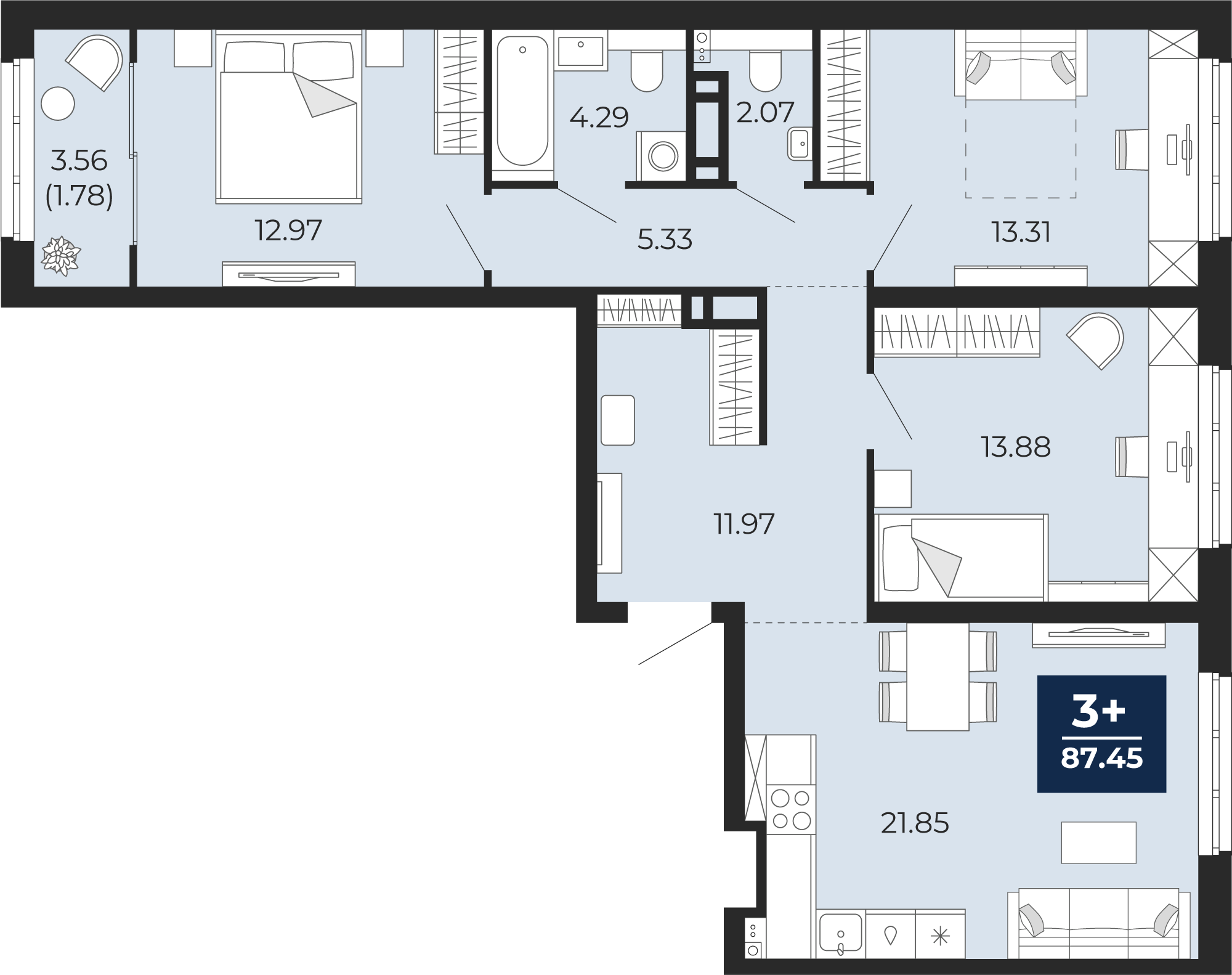 3-комнатная 85 м2 в ЖК Беринг корпус null этаж 11
