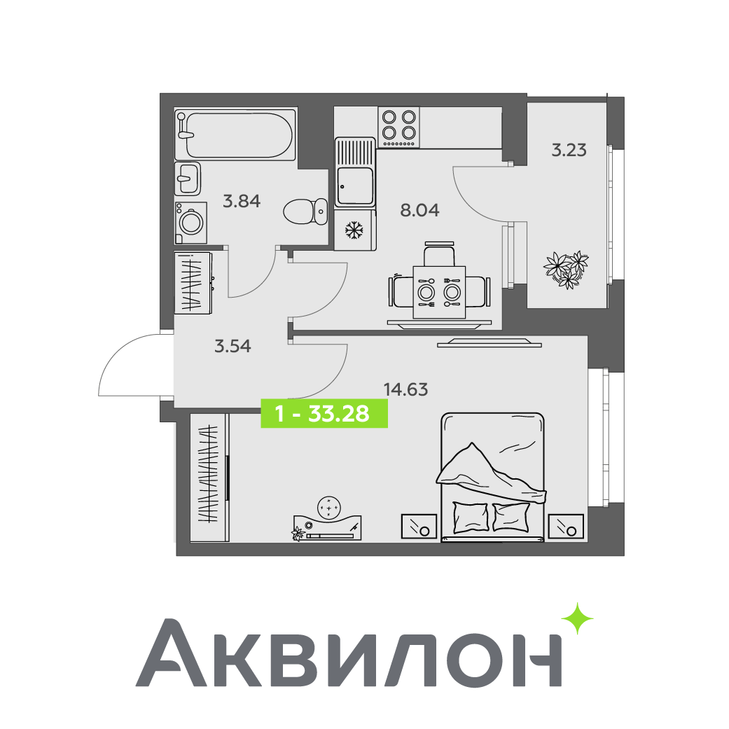 1-комнатная 33 м2 в ЖК Аквилон АКВАРТАЛ корпус null этаж 6