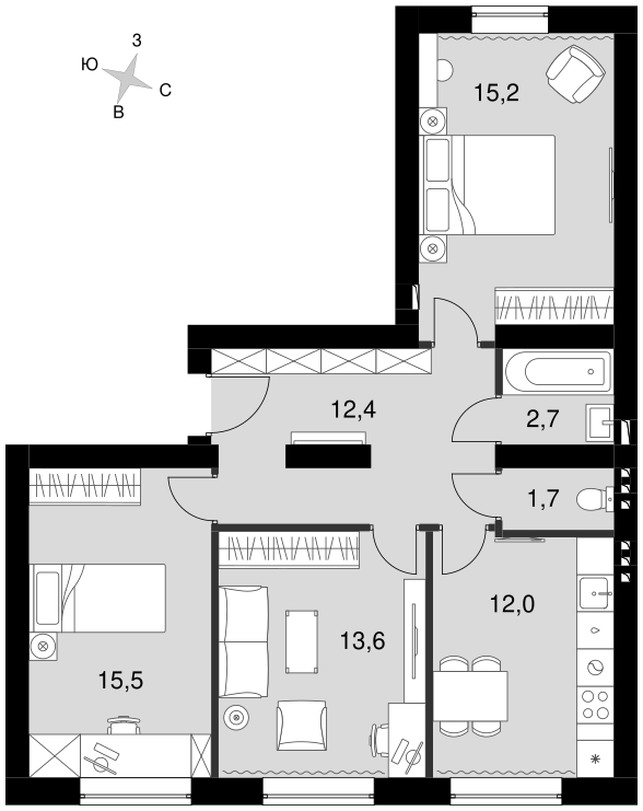 3-комнатная 71 м2 в ЖК Парк Апрель корпус null этаж 3
