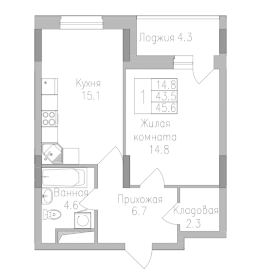 1-комнатная 45.6 м2 в ЖК undefined корпус null этаж 7