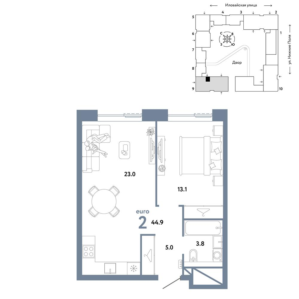 2-комнатная 44 м2 в ЖК Страна.Заречная корпус null этаж 25