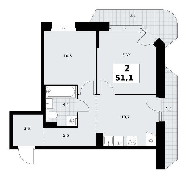 2-комнатная 51 м2 в ЖК Прокшино корпус null этаж 5