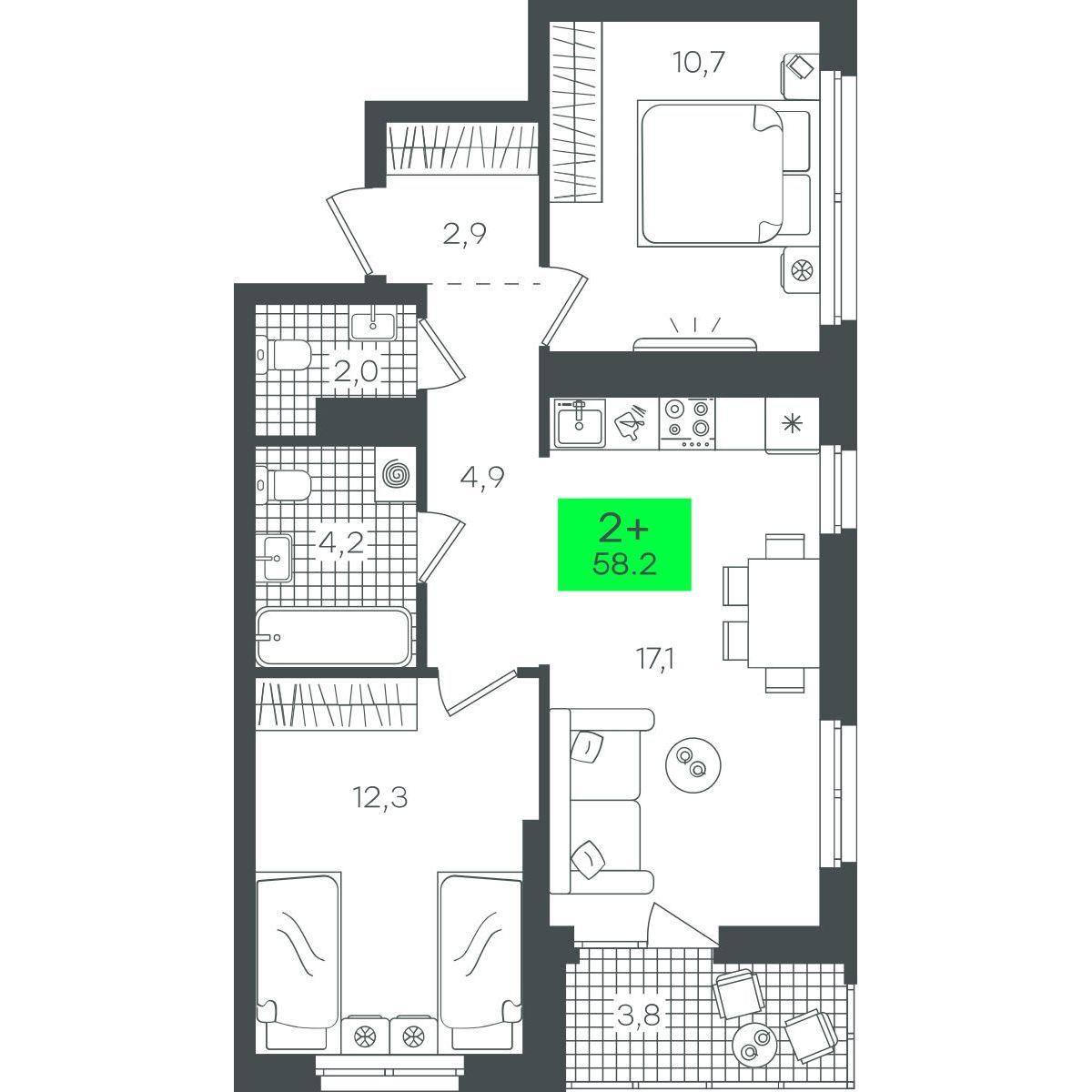 2-комнатная 58 м2 в ЖК Гранд Квартал корпус null этаж 18