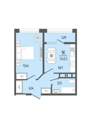 1-комнатная 34 м2 в ЖК Прима корпус null этаж 4