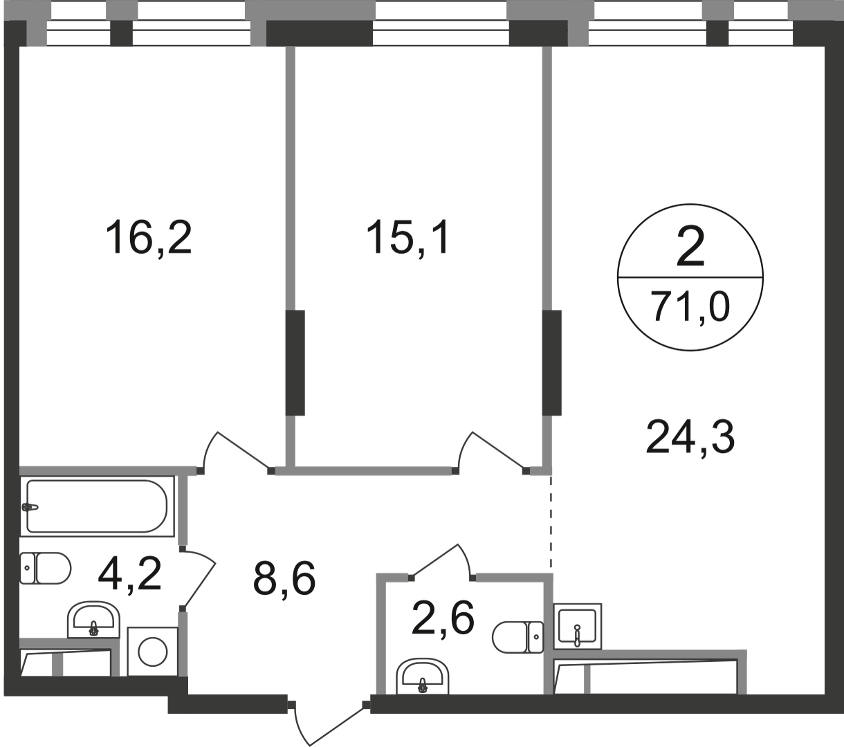 2-комнатная 71 м2 в ЖК Первый Московский корпус null этаж 7