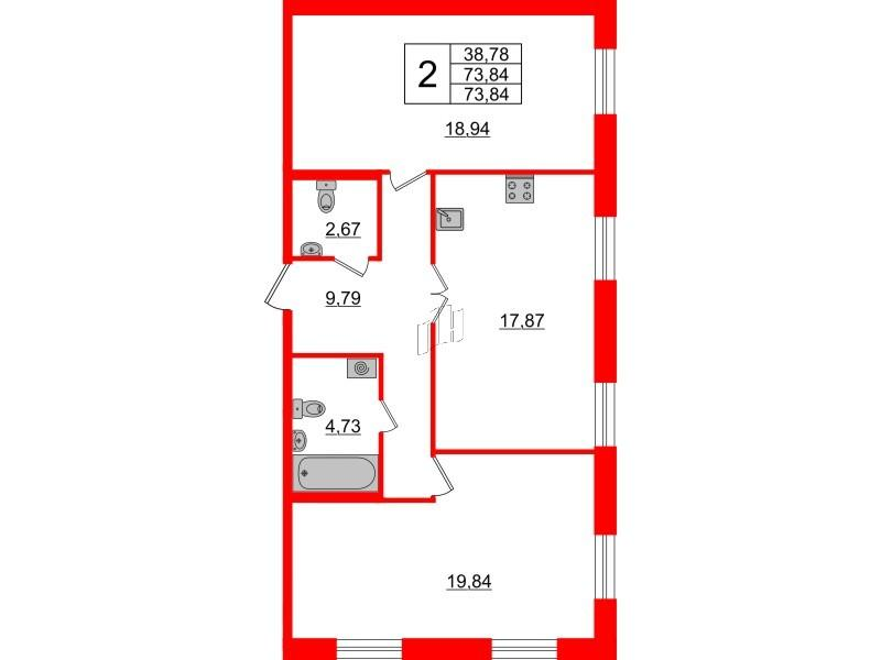 2-комнатная 73 м2 в ЖК ID Park Pobedy корпус null этаж 2