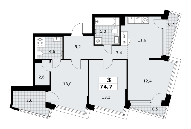 3-комнатная 74 м2 в ЖК Хольм корпус null этаж 4