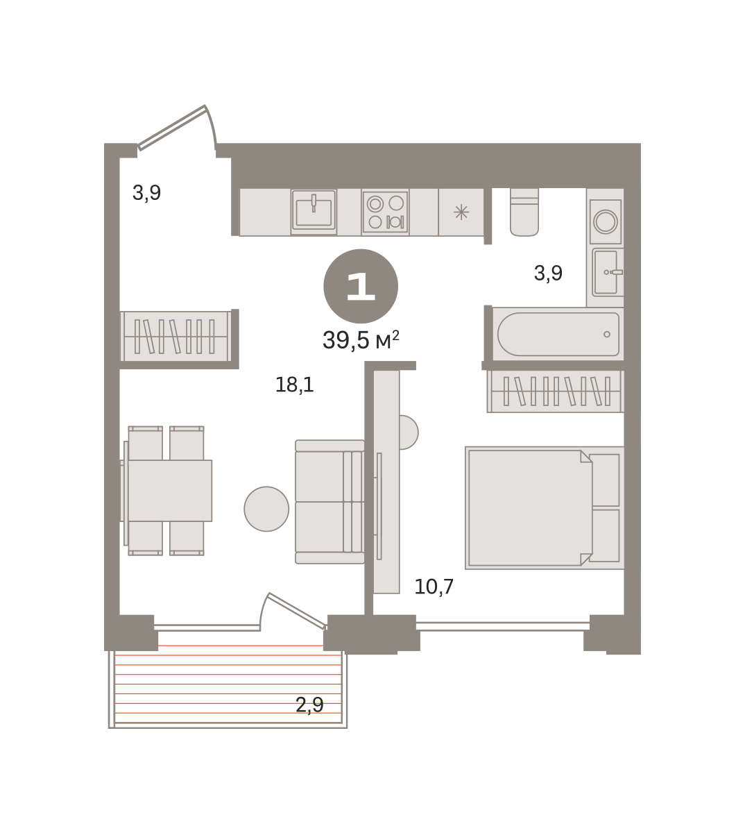 1-комнатная 39 м2 в ЖК Дом А корпус null этаж 6