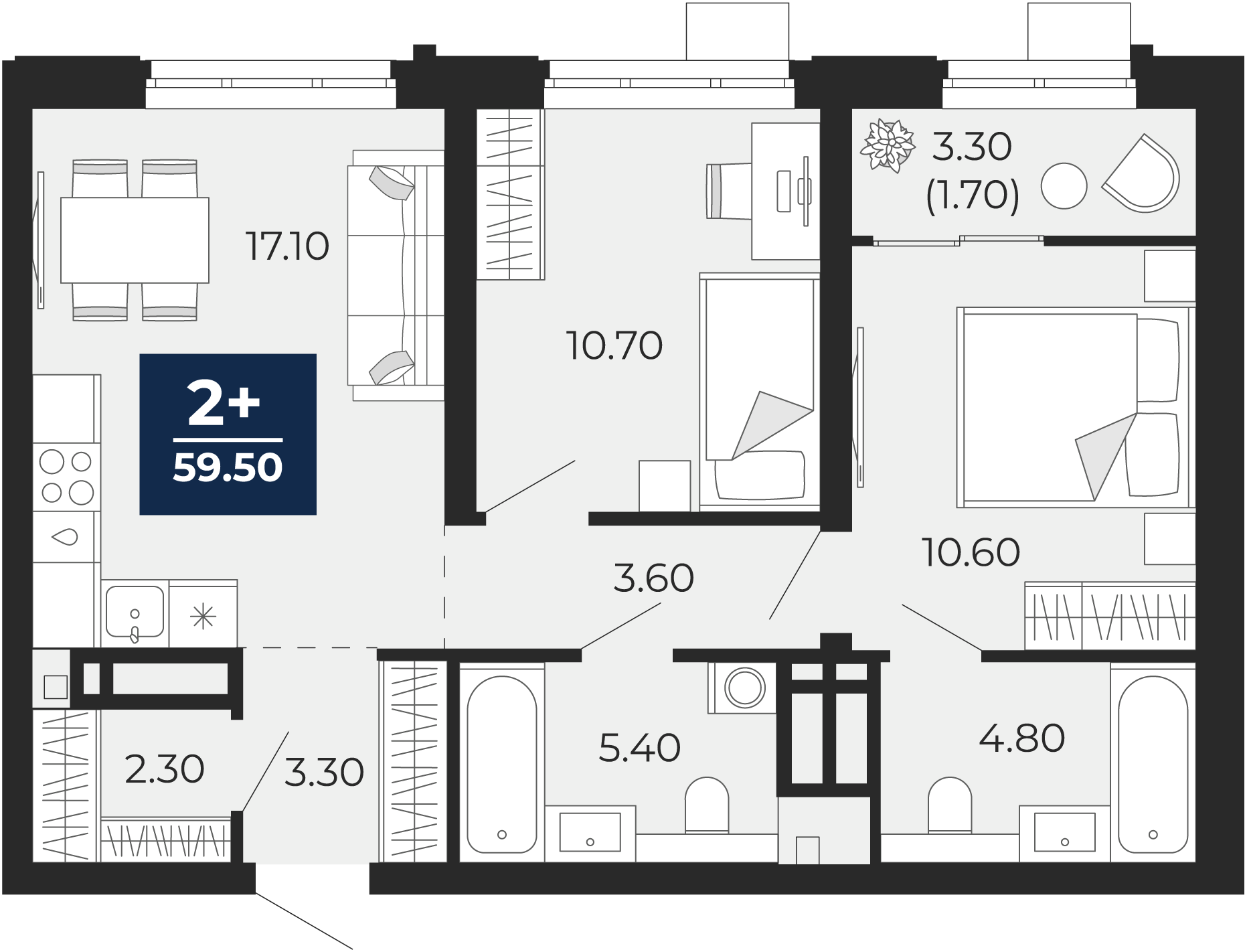 2-комнатная 57 м2 в ЖК Айвазовский корпус null этаж 4