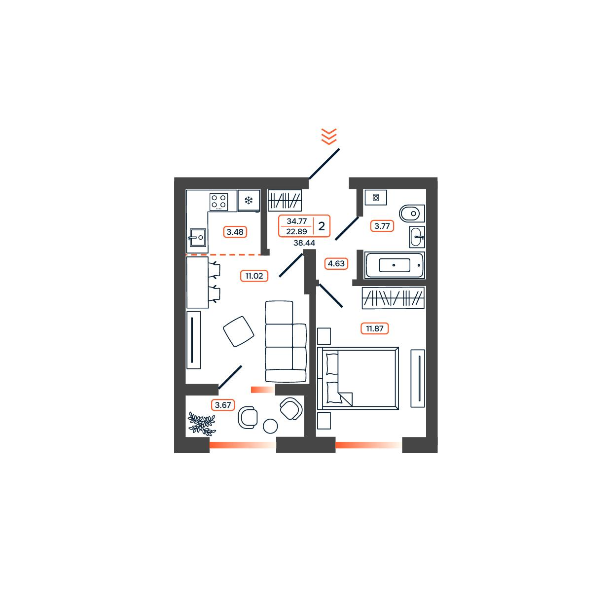 2-комнатная 38 м2 в ЖК Темп корпус null этаж 14