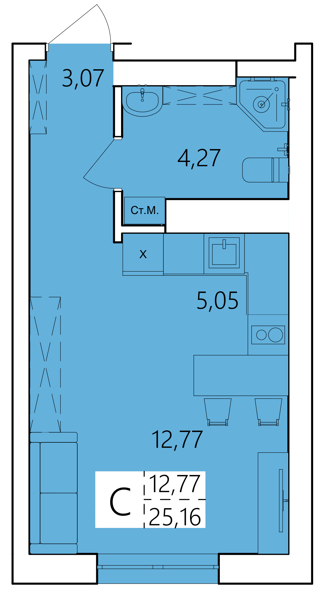 Студия 25 м2 в ЖК Волна корпус null этаж 15