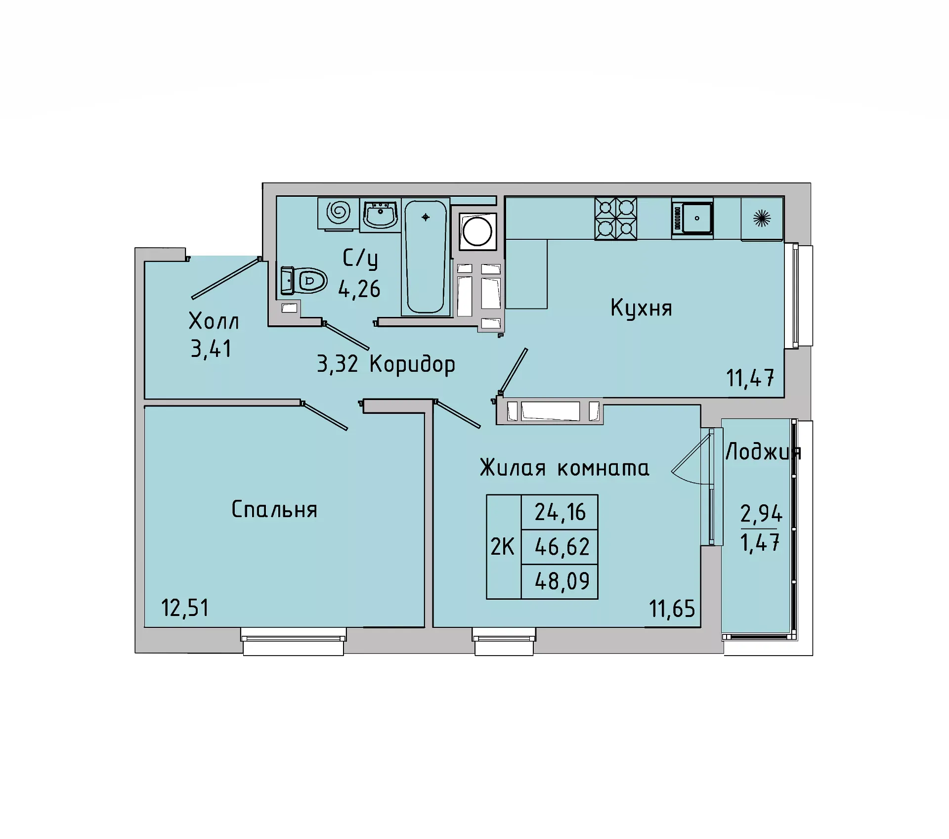 2-комнатная 46 м2 в ЖК Пальмира 2.0 корпус null этаж 10