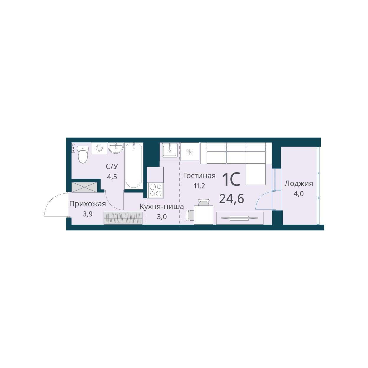 Студия 24 м2 в ЖК Виноград корпус null этаж 15