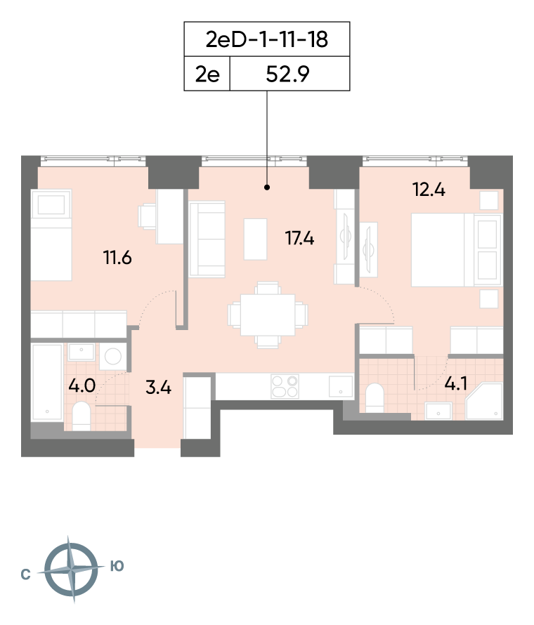 2-комнатная 53 м2 в ЖК Вейв корпус null этаж 12