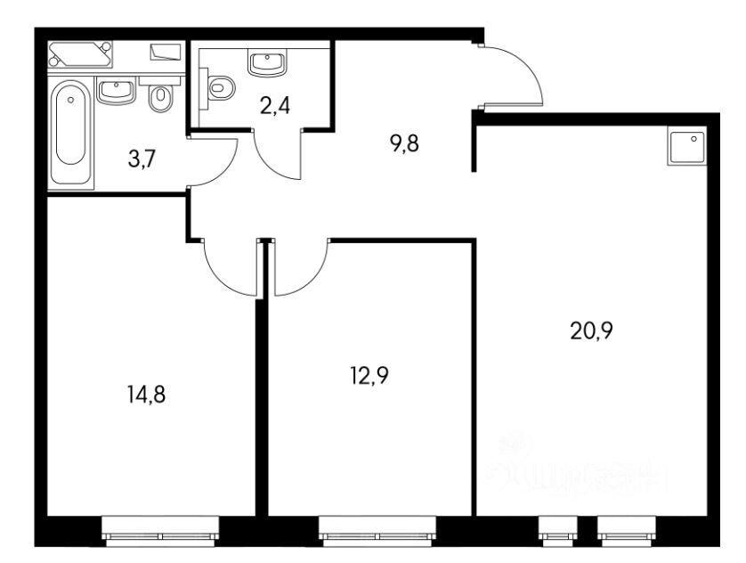3-комнатная 62.7 м2 в ЖК undefined корпус null этаж 2