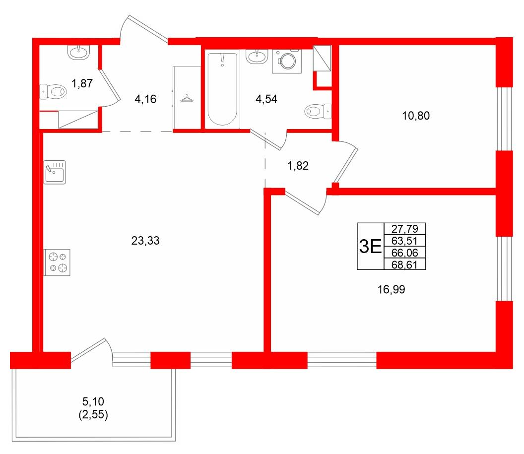 2-комнатная 66 м2 в ЖК IQ Гатчина корпус null этаж 7