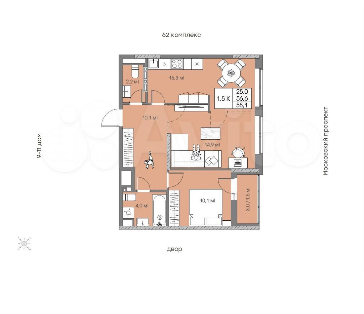 2-комнатная 58.1 м2 в ЖК undefined корпус null этаж 13